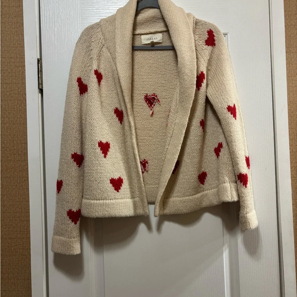 THE GREAT. Cream Cardigan with Red Heart Accents - Picture 8 of 16